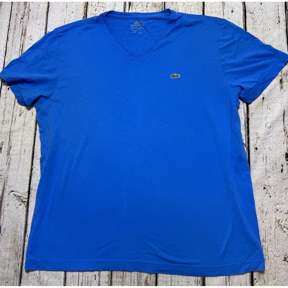 Lacoste Mens Blue 100% Pima Cotton V-Neck Short Sleeve T-Shirt Logo Size 6 Large
